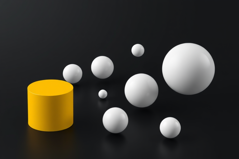 3D render of abstract geometric shapes including a yellow cylinder and white spheres on a black background, with soft shadows and reflective surfaces, using a DSLR camera, f/8 aperture, ISO 100, 50mm lens, 3-point lighting setup.