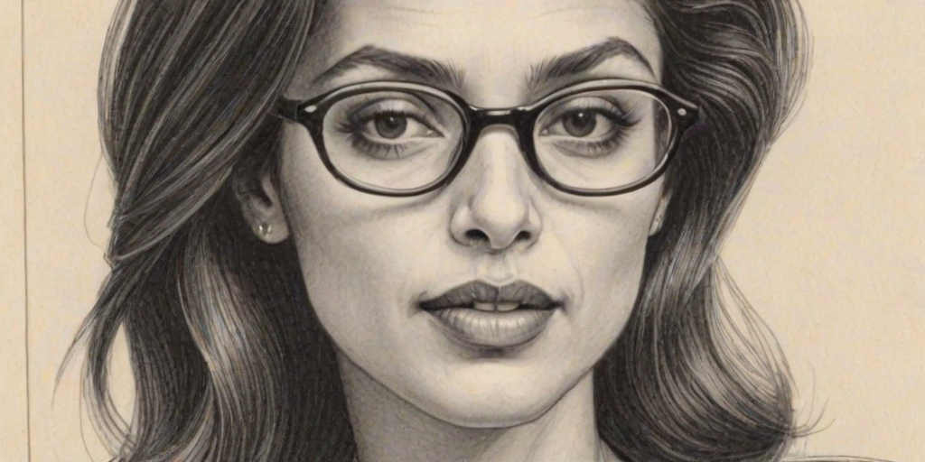 Alluring Huma Abedin, pencil sketch, portrait of Fetching woman 1975s in glasses, hair style beatnik, outline, clear lines, fine lines, 8k