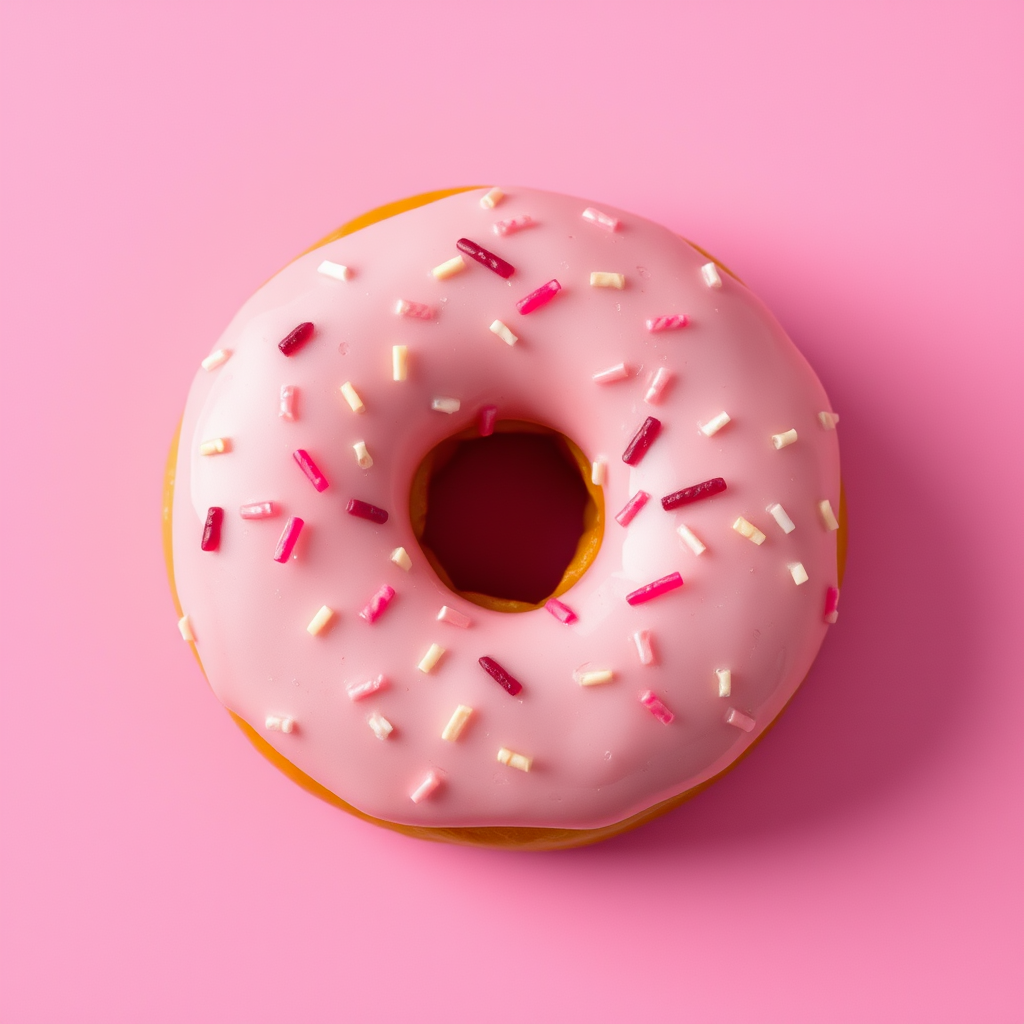 A colorful donut with pink icing and sprinkles on a flat pink background, captured with a Canon EOS R5, 50mm lens, f/2.8 aperture, ISO 100, in a bright soft natural light setting, top-down view for a clean and vibrant focus.
