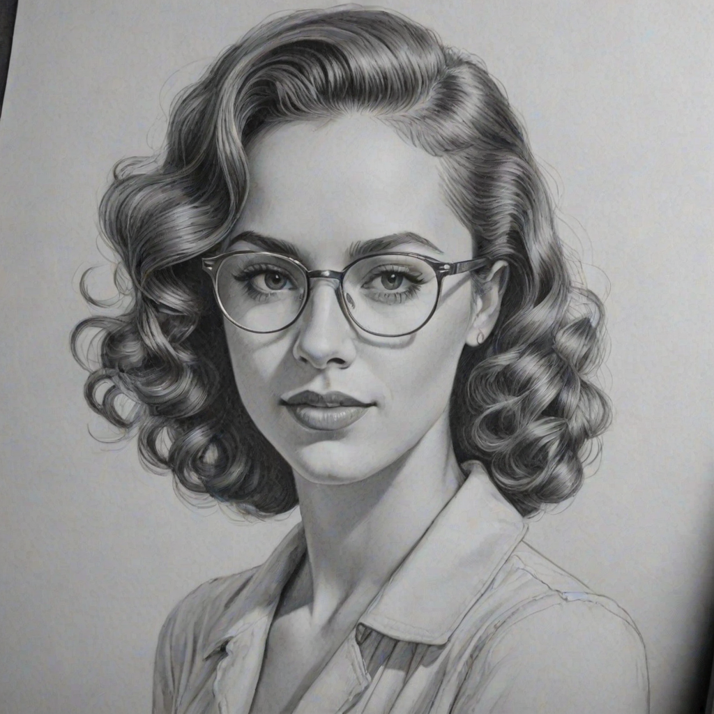 Comely Brittany Bell, pencil sketch, portrait of Stunning woman 1938s in glasses, hair style beatnik, outline, clear lines, fine lines, 8k