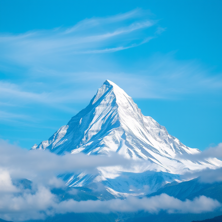 a majestic snow-capped mountain peak under a clear blue sky with wispy clouds surrounding the summit