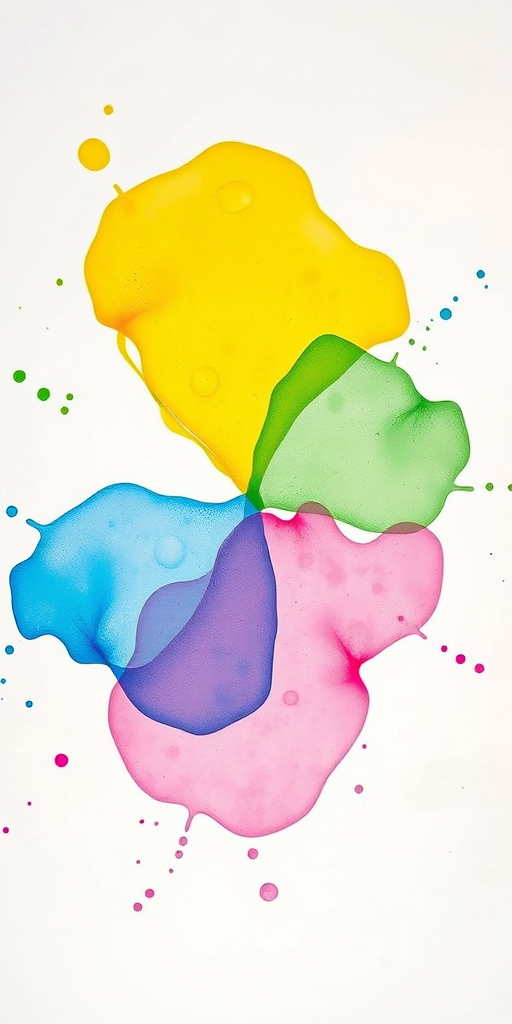 Create a high-resolution watercolor splash image featuring four distinct shapes with vibrant colors including yellow, green, blue, and pink, using a Canon EOS R camera with an aperture of f/4, a shutter speed of 1/200 sec, and a focal length of 50mm, captured from a top-down view with natural lighting.