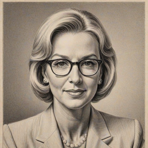 Stunning Betsy DeVos, pencil sketch, portrait of Splendid woman 1939s in glasses, hair style beatnik, outline, clear lines, fine lines, 8k