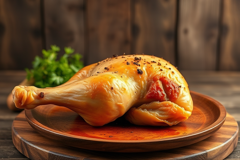 generate a realistic image of a roasted chicken leg on a wooden plate with a rustic background, using a DSLR camera, aperture f/4, shutter speed 1/125, ISO 100, shot at eye level, with natural lighting for enhanced detail and texture