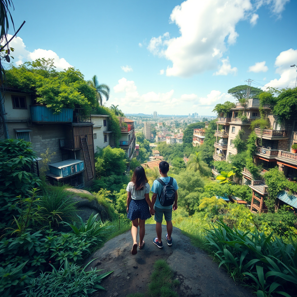 a scenic view of a lush, overgrown urban landscape with two characters standing hand in hand, capturing a sense of adventure and companionship, taken with a DSLR camera at f/4 aperture, ISO 200, 50mm lens, natural lighting, wide-angle view