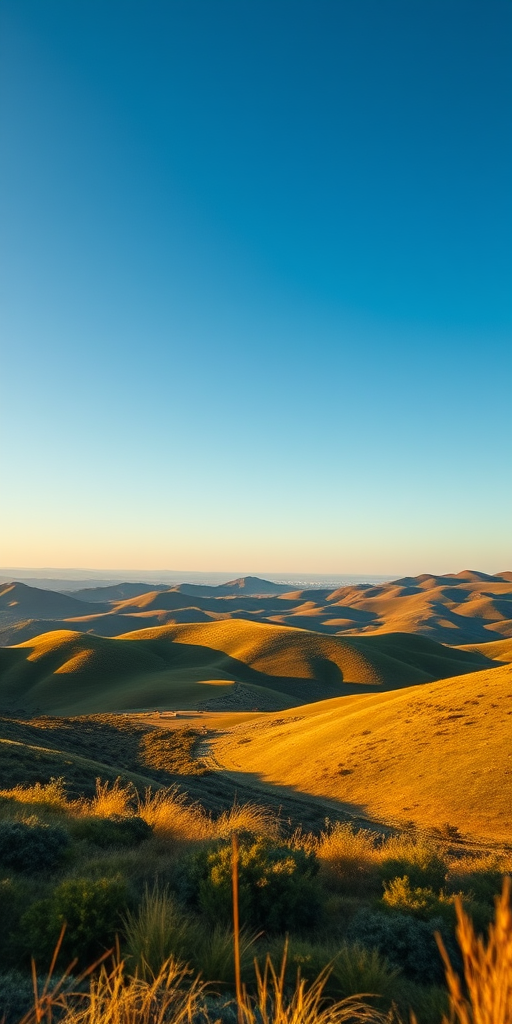 Create a high-resolution image of a tranquil landscape with rolling hills and a clear blue sky during golden hour, using a Canon EOS R5 with a 24-70mm f/2.8 lens, ISO 100, aperture f/8, shutter speed 1/200s, shot from a low angle view to capture the foreground details and enhance depth.