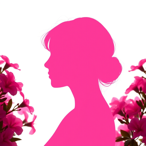Create a high-resolution silhouette of a woman's profile with a soft pink color against a white background, surrounded by vibrant pink flowers, using a DSLR camera with a 50mm lens, f/1.8 aperture, ISO 100, and natural lighting for a sharp, detailed image.