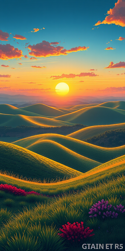Generate a highly detailed illustration of a serene landscape featuring rolling hills and a colorful sunset with a Canon EOS R5 camera at f/8, ISO 100, 1/250 sec, with a wide-angle view and a vibrant, semi-realistic style.
