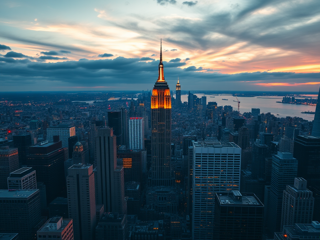 Create a stunning aerial view of the New York City skyline at sunset, capturing the Empire State Building, using a DSLR camera with a 24mm lens, f/8 aperture, ISO 100, and a high dynamic range imaging style.