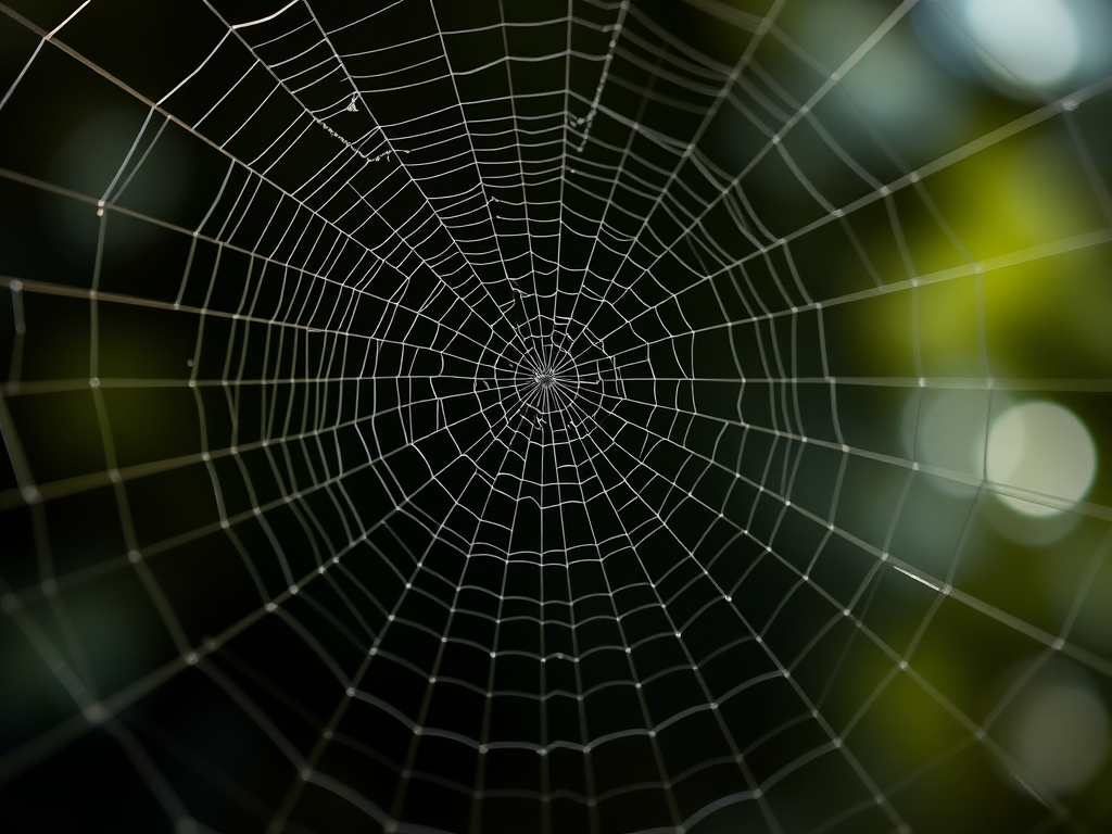 Create an intricate spider web illustration with detailed lines, high contrast, captured with a DSLR camera at f/2.8 aperture, 50mm lens, natural lighting, and a shallow depth of field for enhanced clarity and texture.