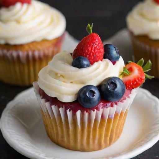 Generate an image of a delicious cupcake with a light vanilla frosting topped with fresh strawberries, raspberries, and blueberries. The cupcake should have a golden-brown base and a glossy fruit glaze drizzled on top. The setting should be bright and inviting, showcasing the vibrant colors of the fruits.