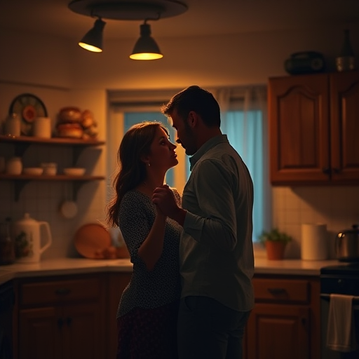 Warm, intimate image of a couple dancing in the kitchen at midnight, soft glow from overhead lights casting warm shadows, with the smell of fresh bread lingering in the air.