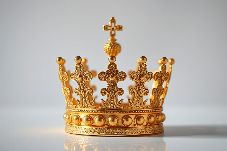 Create a high-resolution image of a gold crown with intricate detail, shot with a Canon EOS R5, ISO 100, f/8, 1/125s, in a soft light studio setup to enhance texture and reflections.