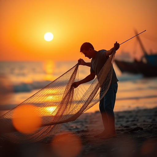 capture a candid scene of a man working on a fishing net at the beach during golden hour with a shallow depth of field, soft bokeh in the foreground, use a 50mm lens, aperture f/1.8, ISO 200, shutter speed 1/200s, natural light with warm tones