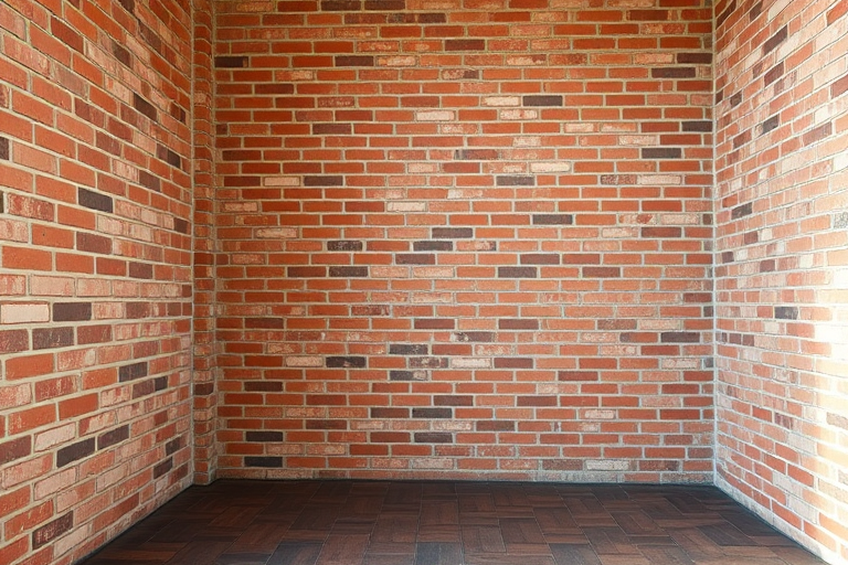 Create a high-resolution image of an empty interior space with walls made of weathered red bricks, showcasing the texture and colors in detail, using a 50mm lens, f/8 aperture, ISO 100, shot in natural light with a wide-angle perspective from a corner to emphasize depth.