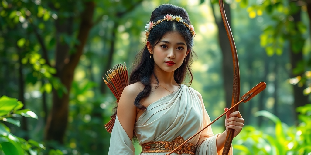 Create a portrait of a goddess-like Singaporean girl figure in a tranquil, forested environment. She has an elegant appearance with long, wavy hair styled in an updo and adorned with a delicate, floral headband. She wears a flowing, ancient Greek-inspired gown in a soft, pale color, featuring a one-shoulder design and draped fabric that accentuates her graceful form. The outfit includes a decorative belt with ornate gold detailing, and she holds a bow in her hand, with a quiver of arrows slung over her shoulder. The background depicts lush greenery, with sunlight filtering through the trees, casting a gentle, ethereal light on the scene. Her expression is calm and contemplative, embodying a sense of wisdom and serenity.