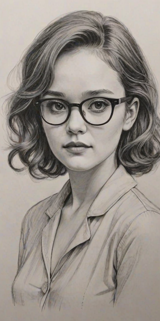 Enchanting Olivia Cooke, pencil sketch, portrait of Resplendent woman 1953s in glasses, hair style beatnik, outline, clear lines, fine lines, 8k
