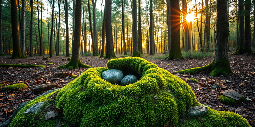 Regenerate a serene forest scene featuring a yin-yang symbol made of moss and stones, captured with a DSLR camera at f/2.8, ISO 100, 1/60 sec, with a wide-angle lens, in golden hour lighting for enhanced depth and detail.