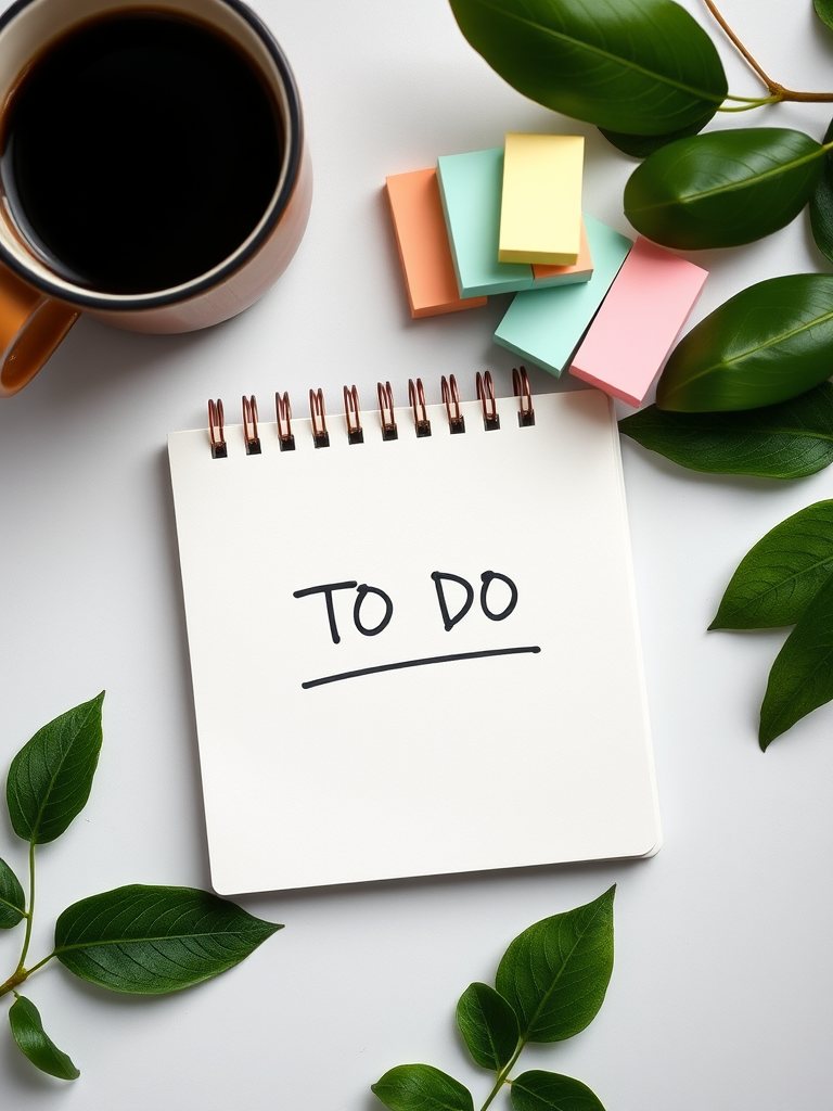 flat lay of a workspace with a cup of black coffee, an empty notepad with a "TO DO" label, colorful sticky notes in soft pastel colors, and green leaves, captured with a DSLR camera at f/2.8 aperture, ISO 100, 1/100 sec shutter speed, natural light, top-down view