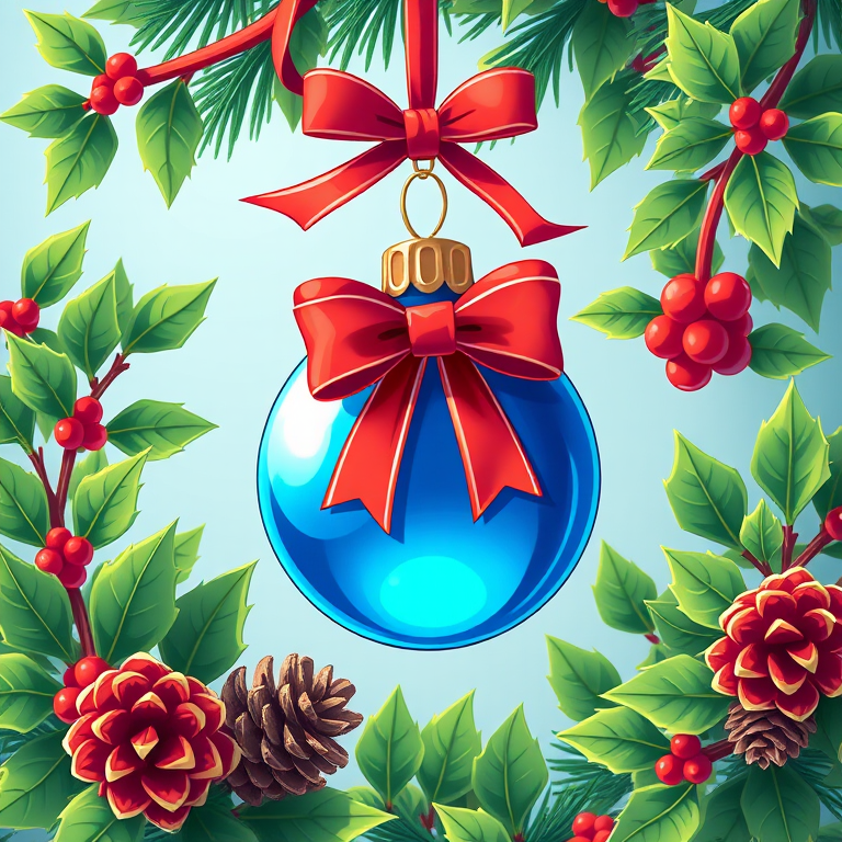 Create a vibrant illustration of a blue Christmas ornament hanging from a red ribbon with a decorative bow, surrounded by green holly leaves and pinecones, captured with a DSLR camera at f/8 aperture, ISO 100, 50mm lens, in bright, natural light for enhanced color contrast.