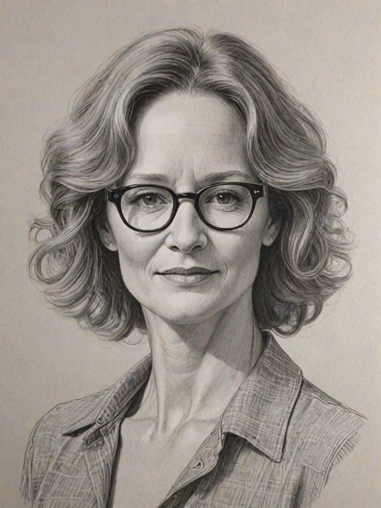 Radiant Melissa Leo, pencil sketch, portrait of Radiant woman 1975s in glasses, hair style beatnik, outline, clear lines, fine lines, 8k