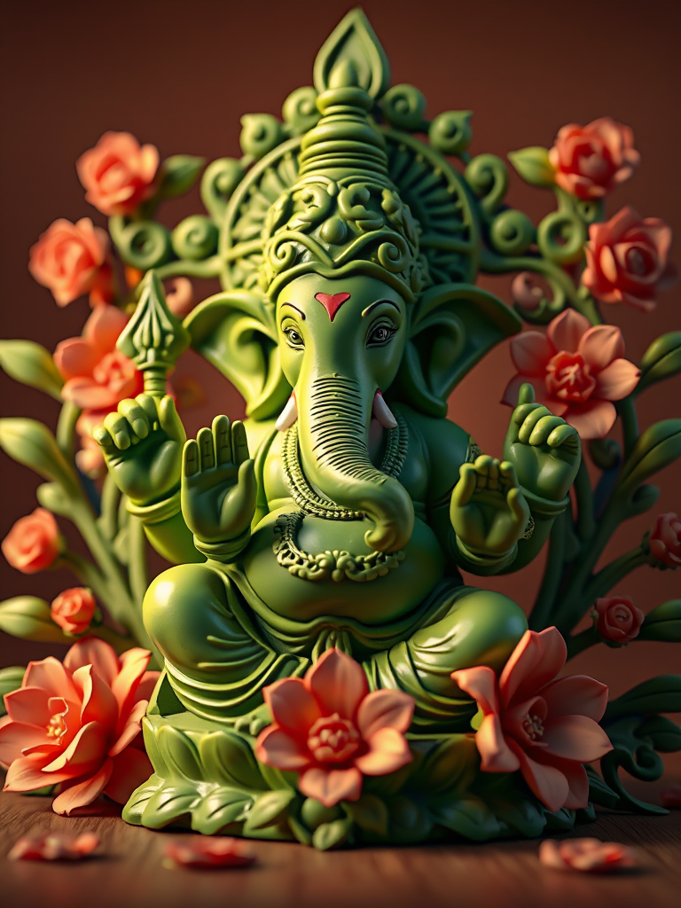 Create a highly detailed 3D rendering of a green Ganesh sculpture surrounded by intricate floral designs, soft studio lighting, depth of field effect, 85mm lens, f/1.8 aperture, ISO 100, shot from a slightly elevated angle to highlight the textures and colors.