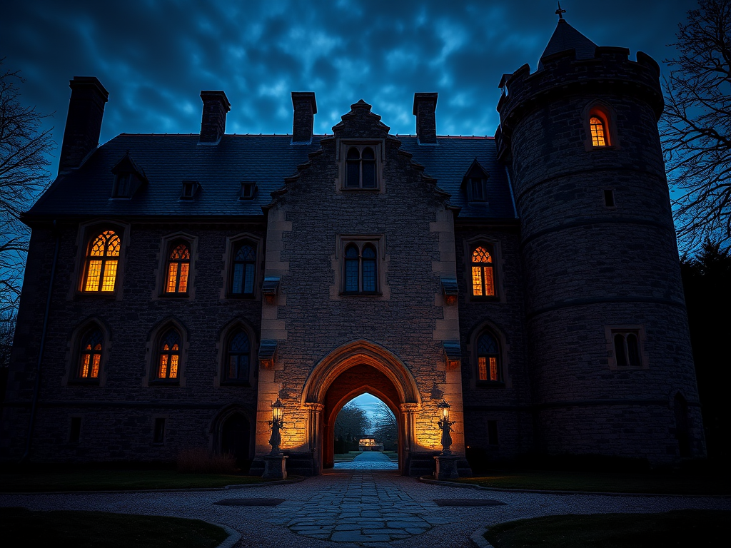 A medieval stone castle with a dark slate roof, illuminated windows, and an archway, captured at dusk with a full-frame camera, aperture f/8, ISO 100, 24mm lens, using a soft focus style to enhance depth and texture.