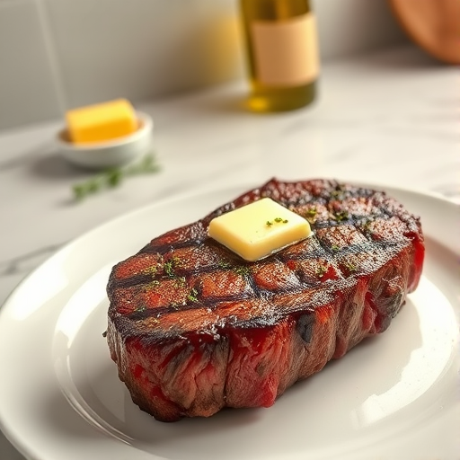 Create an image of a perfectly seared ribeye steak, resting on a white plate with a pat of melting butter on top. The steak is seasoned with fresh herbs like thyme and parsley, with glistening juices highlighting the texture of the meat. The background features a soft focus on a light, marble countertop, with a small dish of butter and an olive oil bottle in the distance. The overall mood should be warm and inviting, capturing the deliciousness and juiciness of the steak.