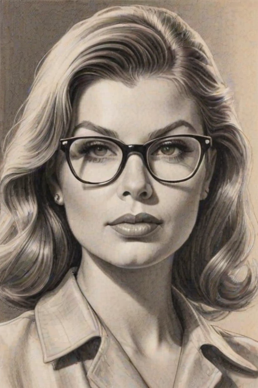 Ravishing Fergie, pencil sketch, portrait of Comely woman 1952s in glasses, hair style beatnik, outline, clear lines, fine lines, 8k