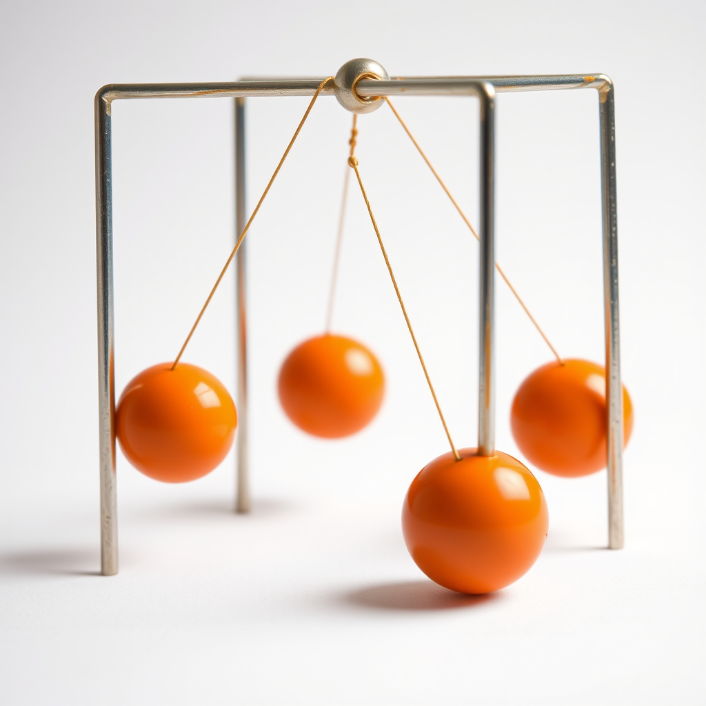 Create a high-resolution image of a Newton's cradle with five orange balls, focusing on a clean white background, captured from a slightly elevated angle using a DSLR camera with a 50mm lens, aperture set to f/4, ISO 100, and shutter speed of 1/125s for optimal clarity and detail.