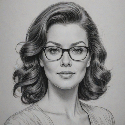 Alluring Bellamy Young, pencil sketch, portrait of Beauteous woman 1942s in glasses, hair style beatnik, outline, clear lines, fine lines, 8k