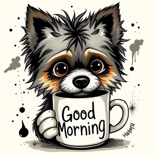 A quirky, artistic illustration of a disheveled aussiepom dog breed with exaggerated, large eyes and spiky fur, holding a coffee mug that reads "Good Morning". The dog has a tired but humorous expression, with ink splatters and abstract details surrounding it, giving a whimsical feel to the image. The color palette is mostly monochrome with hints of black in the eyes and steam rising from the mug, enhancing the overall sleepy vibe