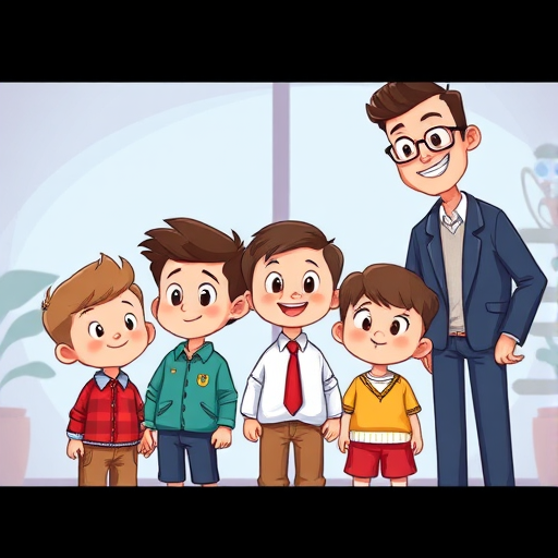 Create an illustration of a family scene featuring three cartoon boys of different ages and a man in business attire, with vibrant colors and smooth lines, captured in a digital art style, using a Canon EOS R with 50mm f/1.8 lens, aperture set to f/4, ISO 100, and a shallow depth of field for enhanced clarity.