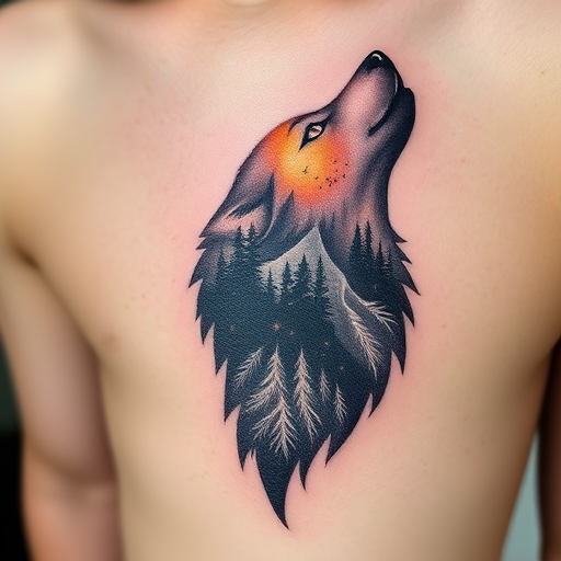 nature-inspired dotwork tattoo featuring a majestic wolf silhouette filled with intricate forest scenes and constellations, gradually fading into the skin for a ethereal effect
