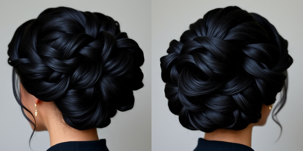 Dramatic jet black hair in a "Midnight Majesty" updo features intricate braids and a sculptural silhouette, embodying timeless elegance