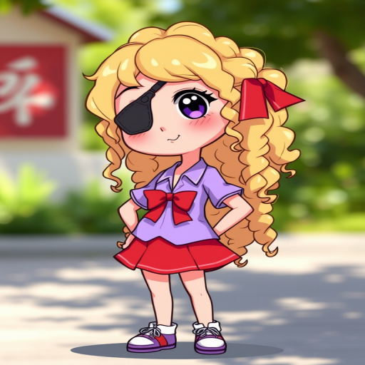 Generate a digital illustration of a cartoon girl with an eye patch, long curly blonde hair, wearing a light purple shirt, red skirt, and a red bow, standing confidently with one hand on her hip, captured in high resolution with a soft focus effect, using a Canon EOS R5 camera with a 50mm lens at f/1.8 aperture, in natural daylight for vibrant colors.