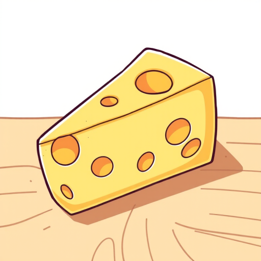 Create an illustration of a wedge of cheese with holes, using a clean and colorful cartoon style, with a soft focus for artistic effect, captured using a digital camera at f/4 aperture, ISO 100, 100mm lens, top-down view.
