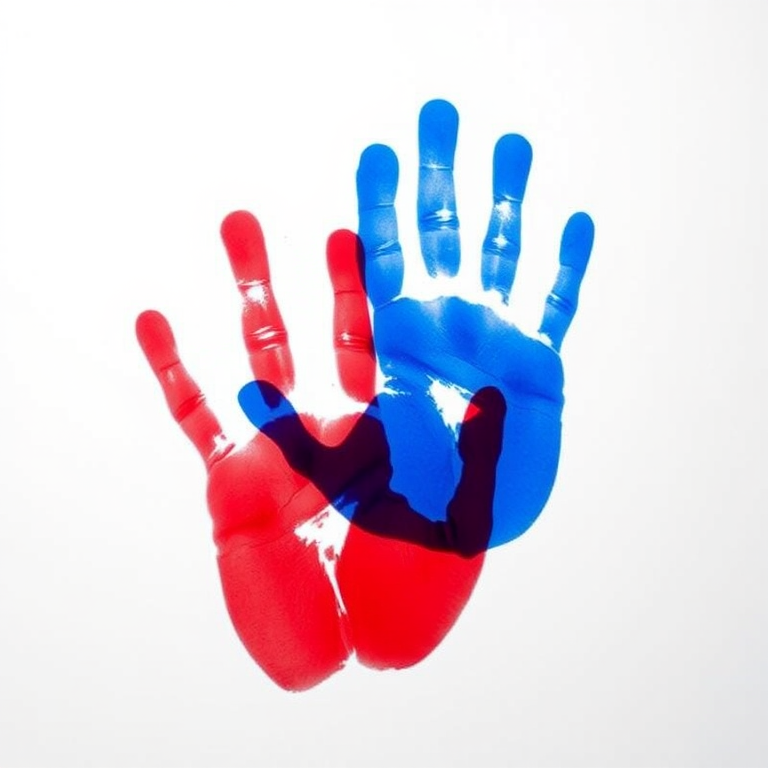Create a vibrant abstract image of two overlapping handprints in blue and red on a white background, using a DSLR camera with a 50mm lens at f/2.8, low ISO setting of 100, and a slight vignette effect for depth.