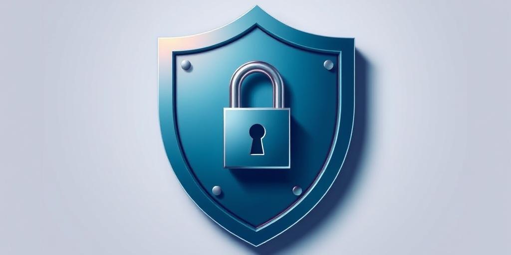 Create a high-resolution digital illustration of a shield with a padlock at its center, using a 50mm lens, f/2.8 aperture, ISO 100, and soft diffused lighting, capturing a front view with a minimalist style and vibrant colors to enhance clarity and detail.