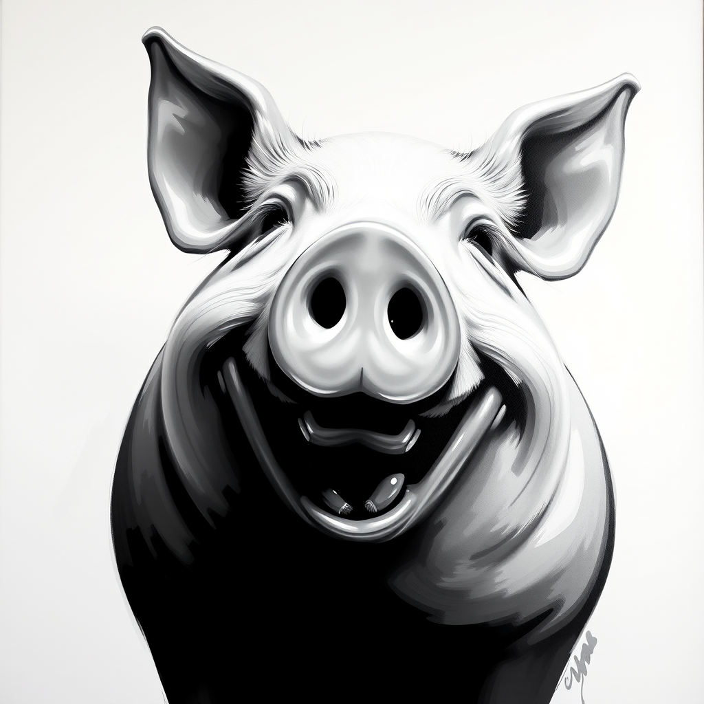Abstract black and white acrylic portrait of an over exaggerated laughing (pig). Minimalism style. White background.