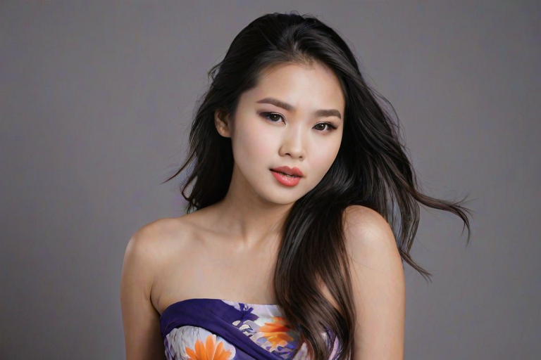 Photographic image of a beautiful young Hmong woman, brown eyes, lips with white lipstick, long hair fluttering in the wind and wearing a silk strapless dress with a soft purple and orange print. monochrome image with only color highlights in the iris of the eyes, lipstick and dress. Gray background.