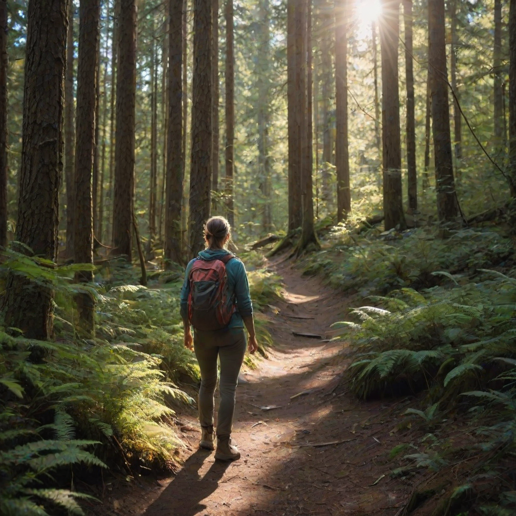 Scenic hiking trail through a dense forest, with sunlight streaming through the trees, a woman in comfortable hiking gear taking a moment to appreciate the beauty around her.