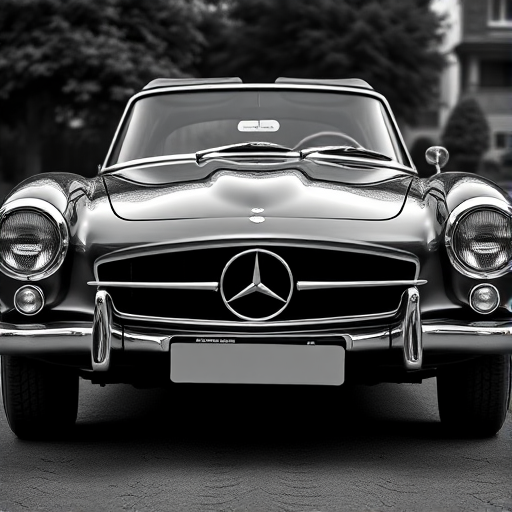 Create a high-resolution black and white image of a classic Mercedes-Benz car from a frontal view, using a DSLR camera with a 50mm lens, aperture f/2.8, ISO 100, and a shutter speed of 1/200 sec, ensuring sharp focus and rich contrast in the details.