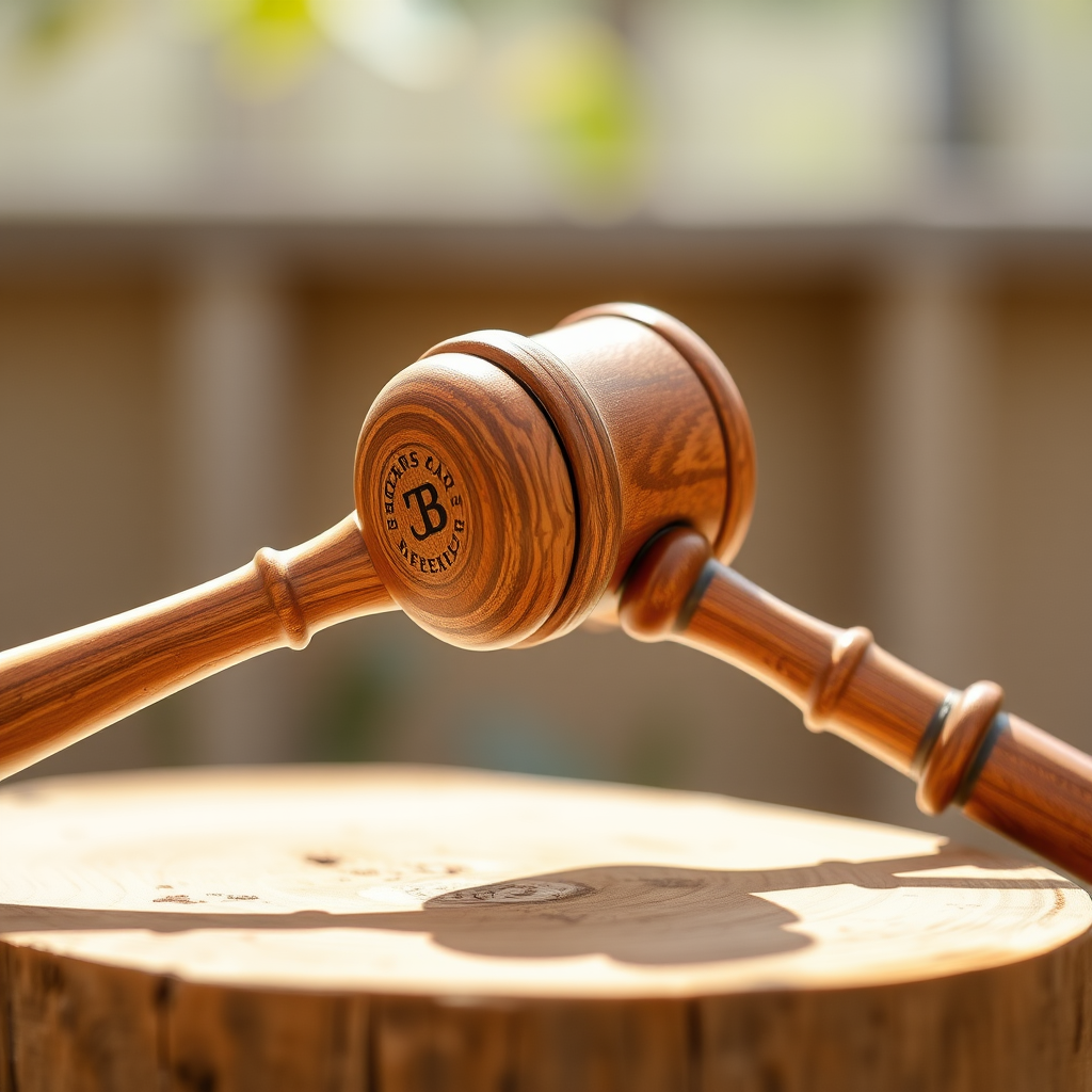 Create a high-resolution image of a gavel, focusing on a clear and detailed representation with a shallow depth of field, using a 50mm lens, f/2.8 aperture, ISO 100, in natural lighting, shot with a DSLR camera from a slightly elevated angle to enhance clarity and texture.