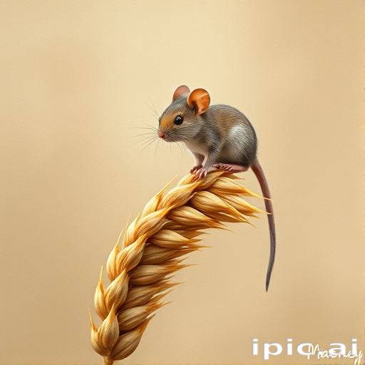 Soft, muted Alcohol Ink with ebru effect background image of tiny whimsical mousey, who climbed high on the top of a golden rye ear.