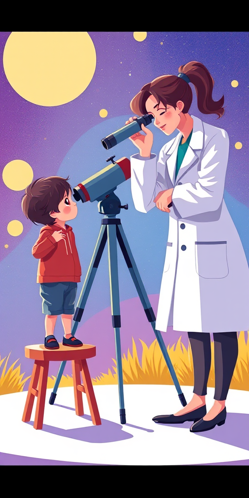 Create a vibrant illustration of a child standing on a stool looking through a telescope while a woman in a lab coat observes through another telescope, use a soft focus with a shallow depth of field, shot from a medium angle, digital art style with bright colors and clean lines.