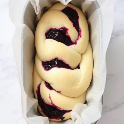 Create an image of a twisted bread loaf filled with berry jam in a baking pan lined with parchment paper. The bread should have a soft texture with visible swirls of purple jam throughout. The background should be a light marble surface to emphasize the bread.