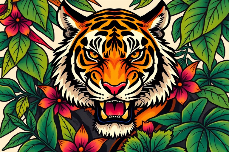 Colorful neo-traditional tattoo portraying a fierce tiger surrounded by lush jungle foliage, bold outlines and vivid hues creating a dynamic and eye-catching design, classic Americana influence with a modern twist
