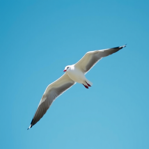 a seagull in flight against a clear blue sky, captured with a Canon EOS 90D, 300mm lens, aperture f/5.6, shutter speed 1/1000s, ISO 400, focused on bird in mid-air with a wide-angle view