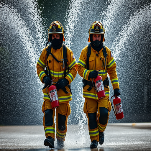 two firefighters in protective gear walking through water spray holding extinguishers, shot with a Canon EOS 5D Mark IV, 50mm lens, aperture f/4, shutter speed 1/250s, ISO 200, natural lighting, wide-angle view for dynamic composition
